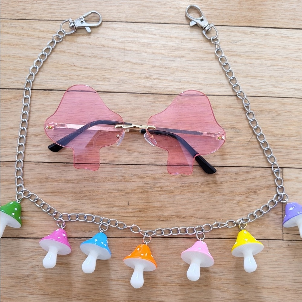 Y2K Mushroom Sunglasses + Mushroom Charm Chain Fairycore Festival Accessories